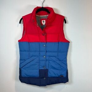 Roxy Quilted Puffer Vest Red Blue Colorblock 70s Retro Lined Cozy Outdoor Medium